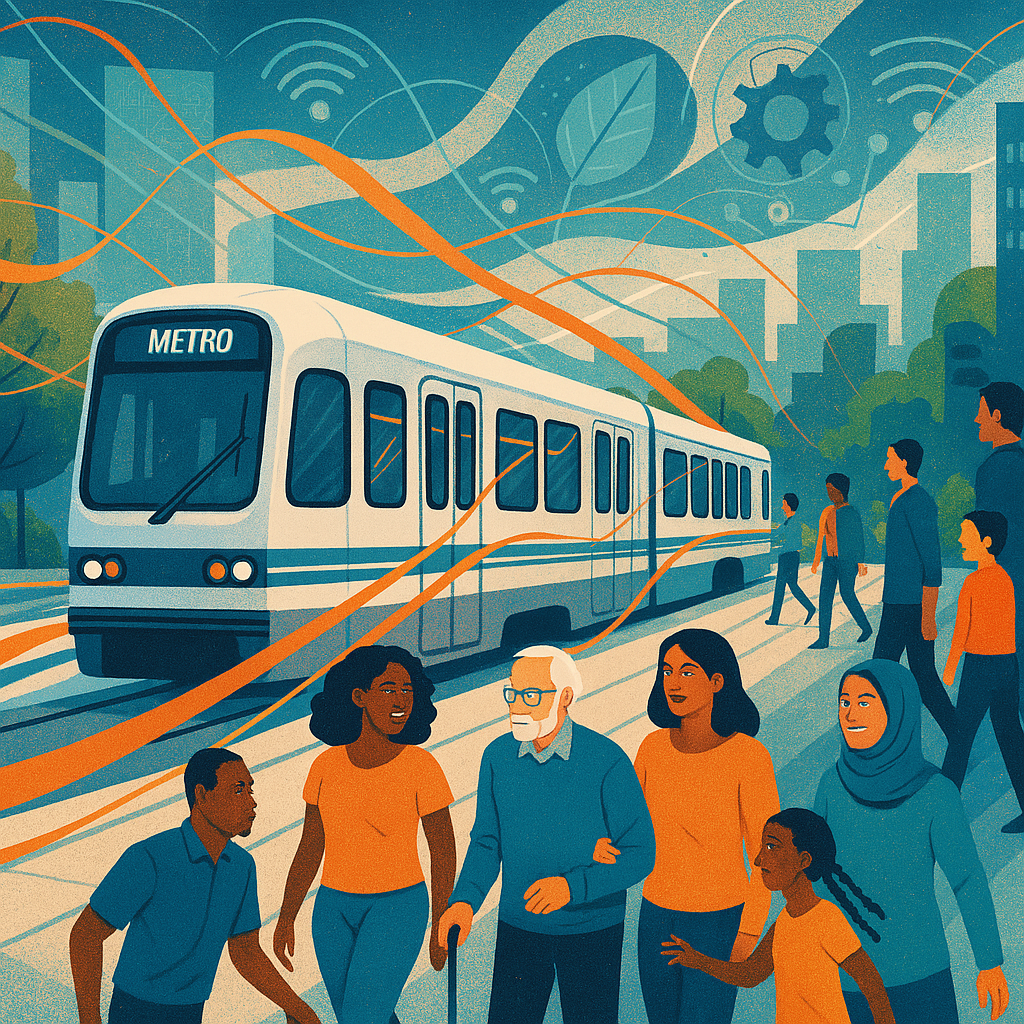 abstract illustration of a street-running rail transit vehicle and potential riders